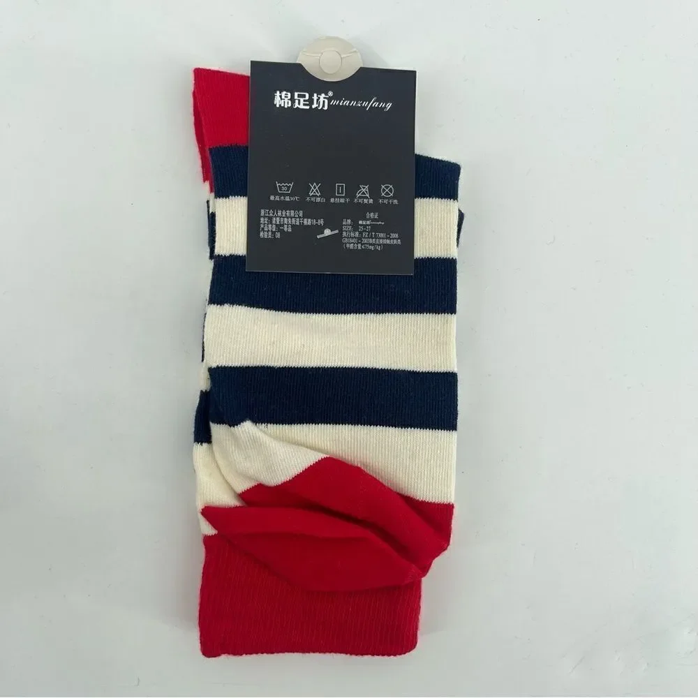 Men’s Red White Blue Striped Novelty Casual Dress Cotton Crew Socks One Size